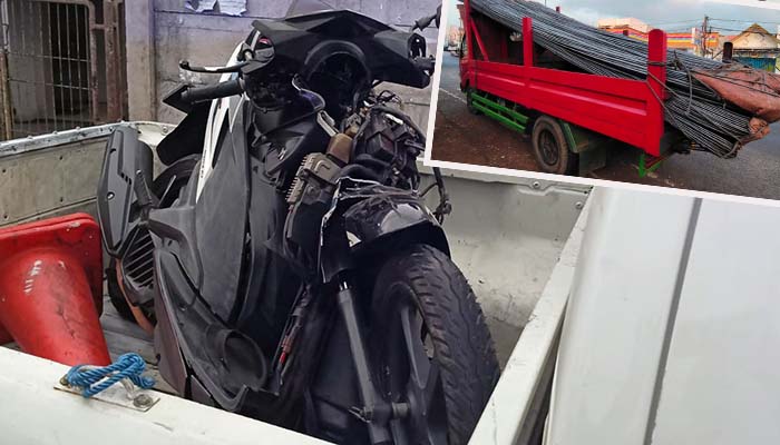DIAMANKAN: Motor korban ringsek bagian depannya. Inset, truk muat besi yang ditabrak korban dari belakang.