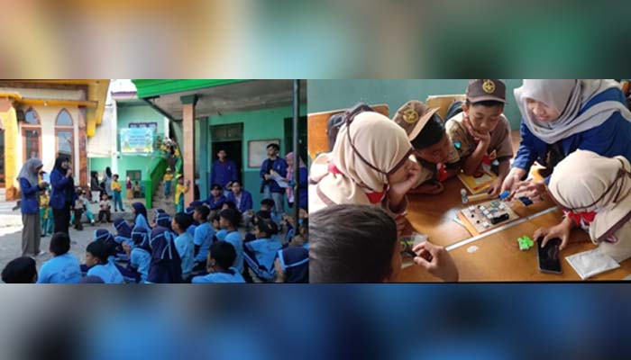 Mahasiswa KKN Teknik Fisika ITS memandu sosialisasi pemanfaatan energi surya kepada siswa-siswi MI Miftahul Ulum sekaligus mendampingi mereka dalam praktik simulasi kerja panel surya mini.