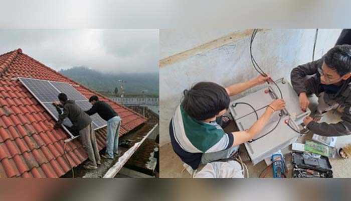Proses maintenance panel surya di atap rumah warga serta instalasi dan penyambungan sistem kelistrikan panel surya dilakukan oleh mahasiswa KKN.