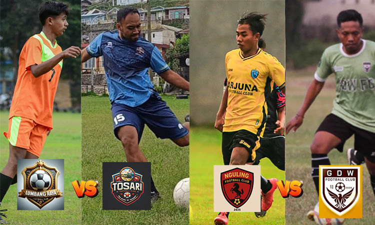 KIRI KE KANAN: Pemain Lumbang Raya FC Ronaldinho Saputra, Pemain Tosari FC Rivan, striker Nguling FC Ali Mashori dan gelandang GDW FC, Alfian Junaidi yang diminta untuk meredam serangan cepat Nguling