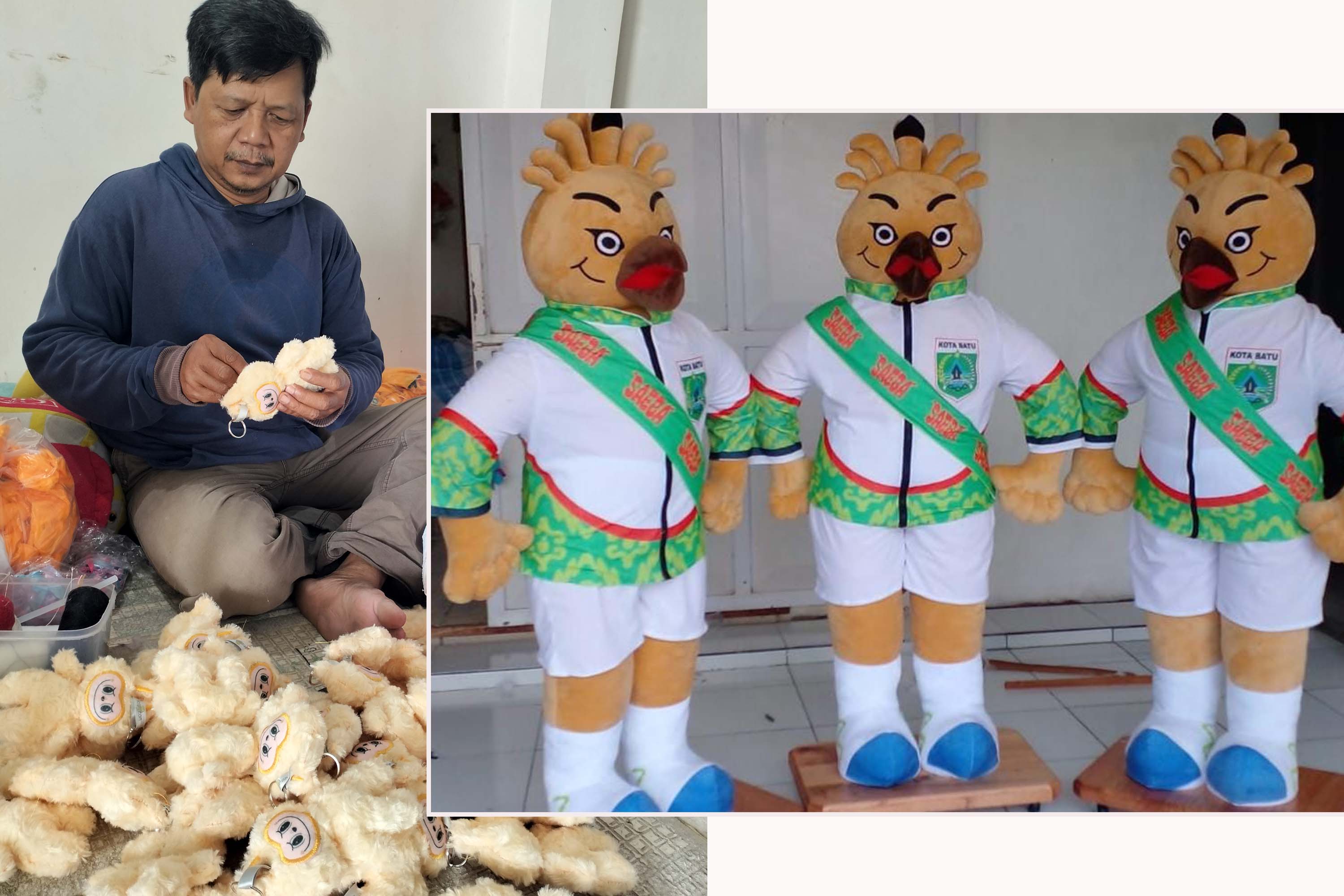 Suyitno saat menjahit untuk memproduksi boneka. Inset sejumlah boneka buatan Suyitno.