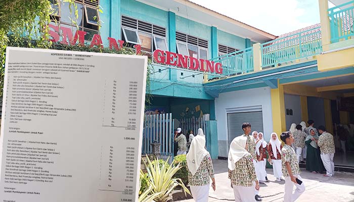 Suasana SMAN 1 Gending Probolinggo. Inset, selebaran soal biaya seragam di sekolah setempat yang viral beredar. (Agus Faiz Musleh/ Radar Bromo)
