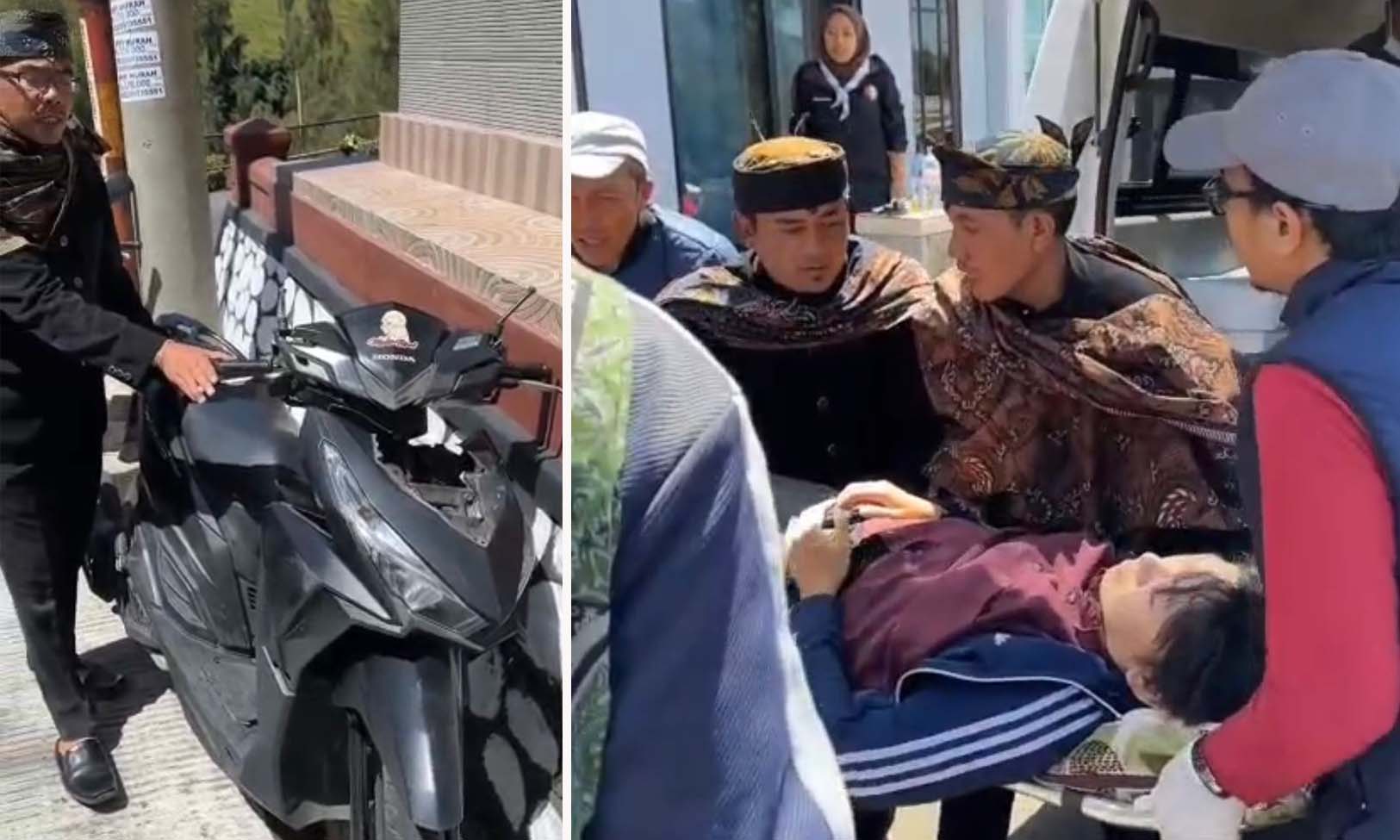 EVAKUASI: Seorang turis asal China dievakuasi setelah kecelakaan di jalur Bromo Ngadisari, Sukapura, Kabupaten Probolinggo, (12/9). Inset motor matik Vario yang dikendarai korban alami rem blong.