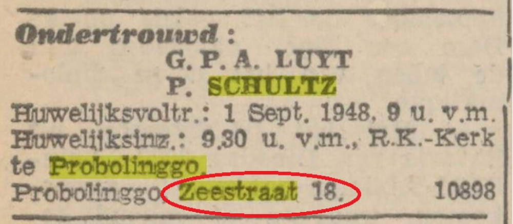 KORAN TEMPO DULU: Potongan berita pertunangan dan pernikahan G.P.A. Luyt dan P Schultz yang ada di rumahnya di Zeestraat 18, Probolinggo di Nieuwe Courant pada 26-08-1948.