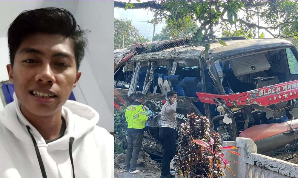 Kondisi bus usai alami kecelakaan maut di jalur Bromo Boto Lumbang, Probolinggo. Inset Abdul Malik, kurir paket yang lolos dari kecelakaan maut.