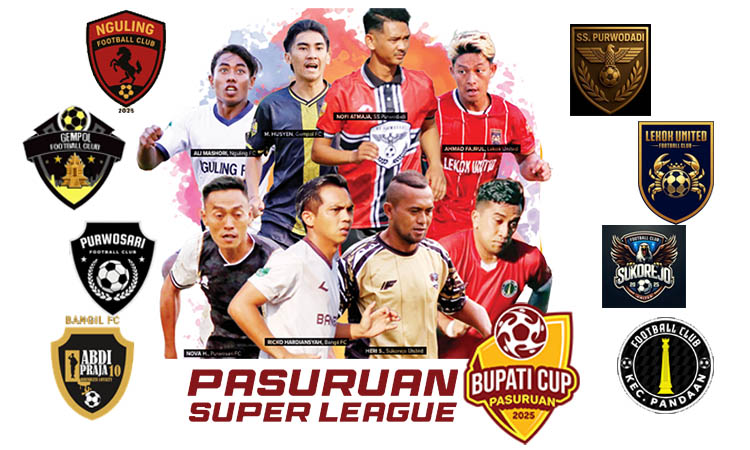 LANJUT DELAPAN BESAR: Para pemain Nguling FC, Gempol FC, Lekok FC, Bangil FC, SS Purwodadi, Purwosari FC, Sukorejo United, dan Pandaan FC.