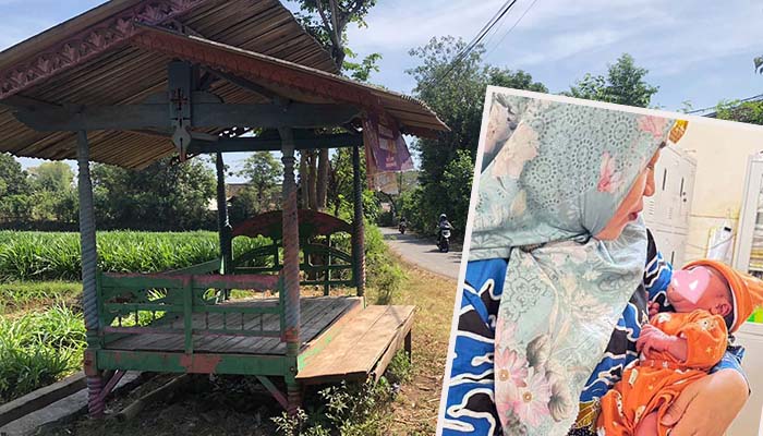 Pos ronda yang menjadi lokasi penemuan bayi di Desa Pohsangit Leres, Kecamatan Sumberasih, Kabupaten Probolinggo, Jumat (12/9) dini hari. Inset sang bayi saat digendong kepala Puskesmas Sumberasih.
