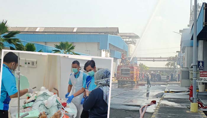 Pemadam kebakaran saat berupaya memadamkan pabrik Sorbitol Sorini yang terbakar. Inset seorang pekerja saat dirawat usai alami luka bakar.
