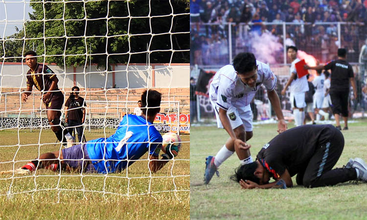 SENANG: Penjaga gawang Nguling FC saat menggagalkan tendangan pemain Gempol FC. Foto kanan, official&nbsp;Lekok United sujud syukur setelah timnya memastikan tiket ke final.