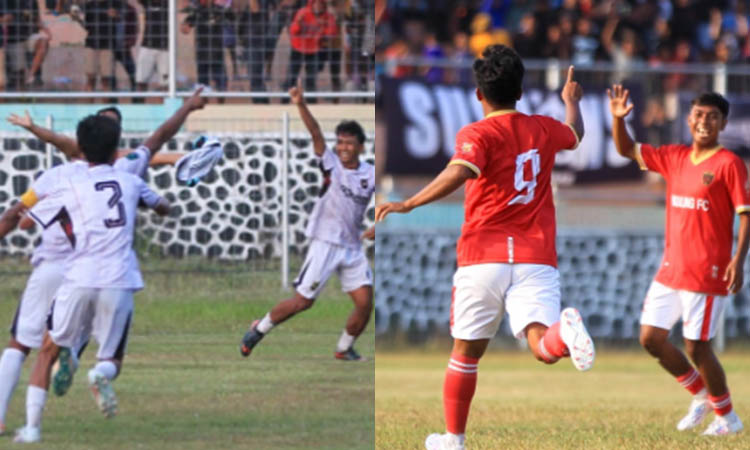 BERTEMU DI FINAL: Pemain Lekok United (kostum putih) dan Nguling FC saat sama-sama merayakan kemenangan timnya.
