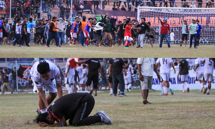 JADI PERTIMBANGAN: Suporter Nguling FC saat masuk ke dalam lapangan. Foto bawah, Pemain Lekok United saat menang adu penalti dan saat itulah penotnon mulai masuk ke lapangan.