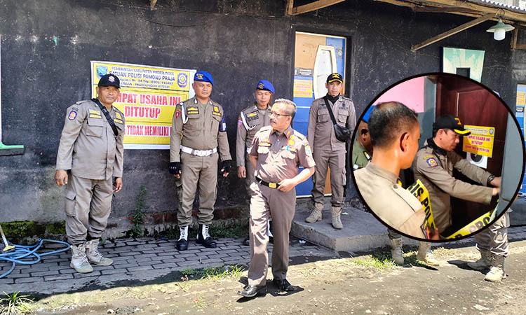 SUDAH DITUTUP: Satpol-PP Kabupaten Probolinggo di lokasi tempat karaoke yang tak berizin di Desa Pabean, Dringu.