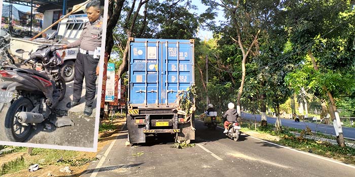 NAHAS: Truk kontainer yang mogok di tepi jalan Pandaan-Prigen hanya diberi penanda daun. Inset motor korban diamankan.