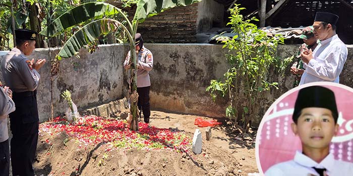 Kades Taman Sari, Mustain Romli (baju putih) dan perwakilan polres pasuruan saat nyekar di makam korban. Inset korban semasa hidup.