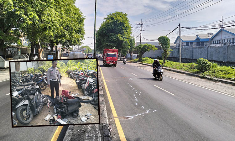 SUDAH DITANDAI: Ruas jalan nasional di Desa Ngerong, Kecamatan Gempol&nbsp; yang menjadi lokasi truk wing boks menabrak motor karena berjalan mundur.