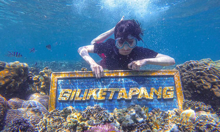 SNORKELING: Seorang wisatawan saat melakukan snorkeling di Pulau Gili Ketapang, Kabupaten Probolinggo.