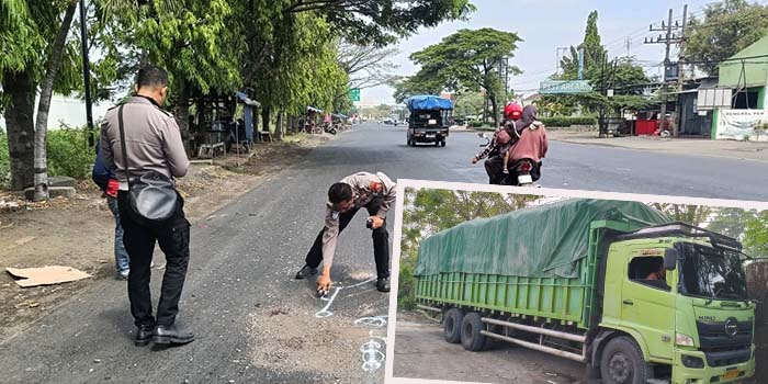 KECELAKAAN MAUT: Petugas lantas saat melakukan olah TKP kecelakaan maut di Legok, Gempol. Inset, truk tronton muat batu apung yang tertabrak korban.