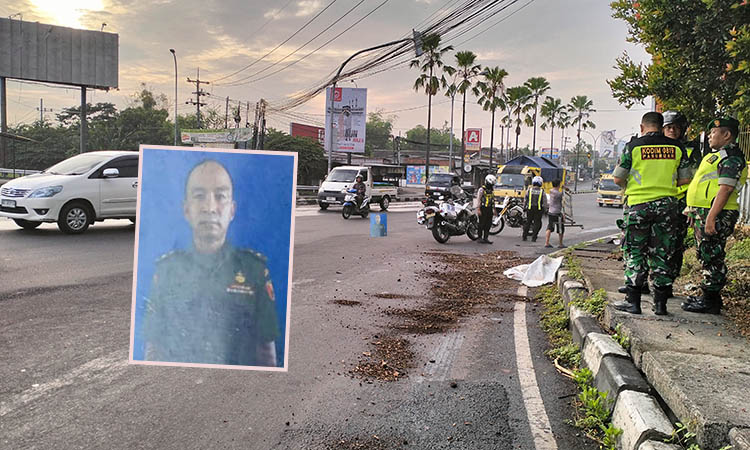 TKP: Simpang empat Taman Dayu Pandaan yang menjadi lokasi kecelakaan anggota TNI AD. Inset, Almarhum Pelda M Fadil semasa hidup.
