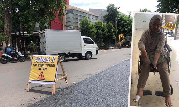 WAJIB WASPADA: Perbaikan jalan di Pangsud Kota Probolinggo. Inset, salah satu korban saat dirawat di RS. (Inneke Agustin/ Radar Bromo)