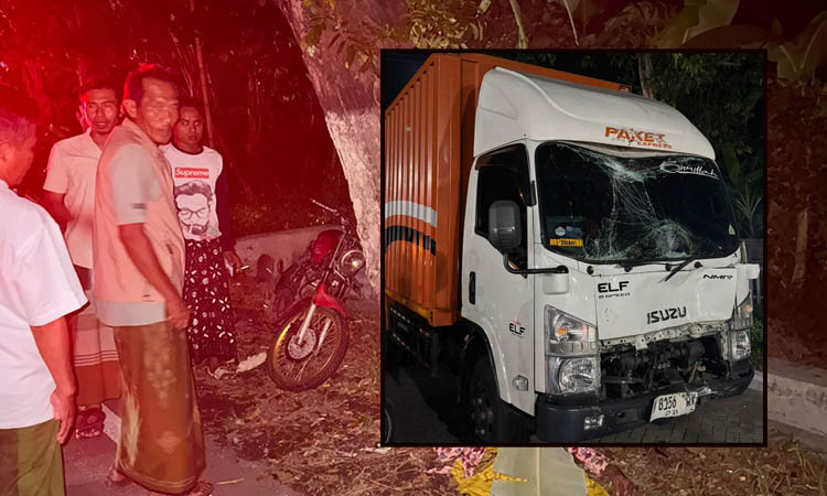 TKP: Warga saat berada di lokasi kecelakaan di depan SPBU Sambisirah di Wonorejo. Inset, Truk yang menabrak korban.