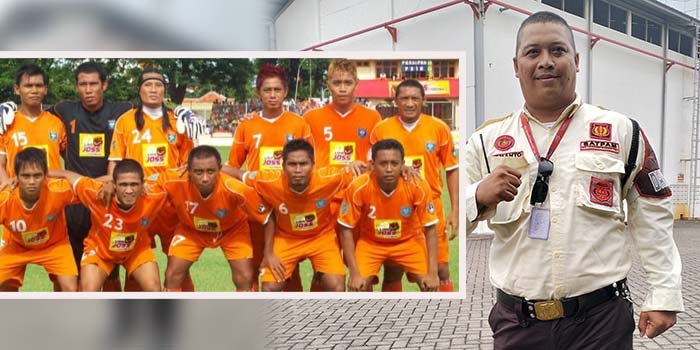 DULU-KINI: Hermanto saat bertugas sebagai sekuriti di PT Gudang Garam. Inset Hermanto (nomor 5) saat memperkuat Persipro di Divisi Utama.