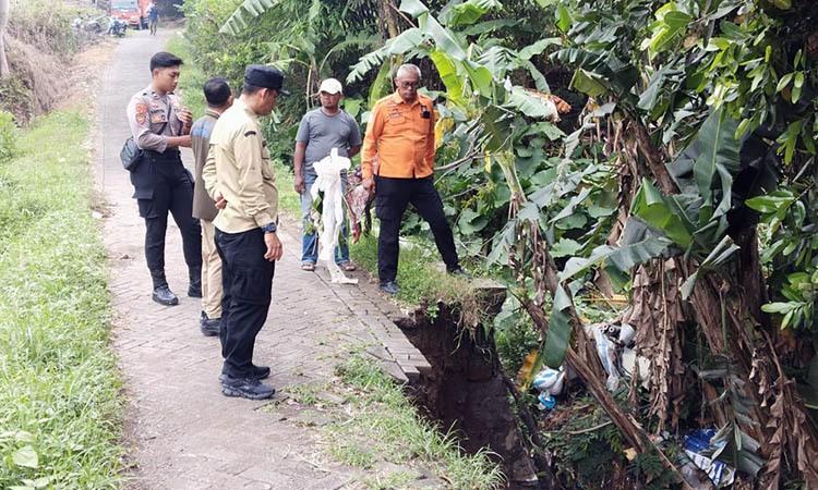 JEBOL: TPT di Desa Wedoro, Kecamatan Pandaan yang ambrol. Hal itu dipicu, gerusan air hujan yang mengguyur deras.