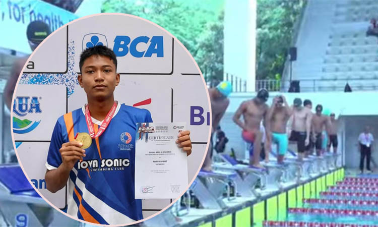 SESUAI TARGET: Fitrah Aidil Al Rachban (celana oranye) saat turun di nomor raih emas di Indonesia Open di Jakarta beberapa waktu lalu. Inset, Fitrah saat menerima medali emas.