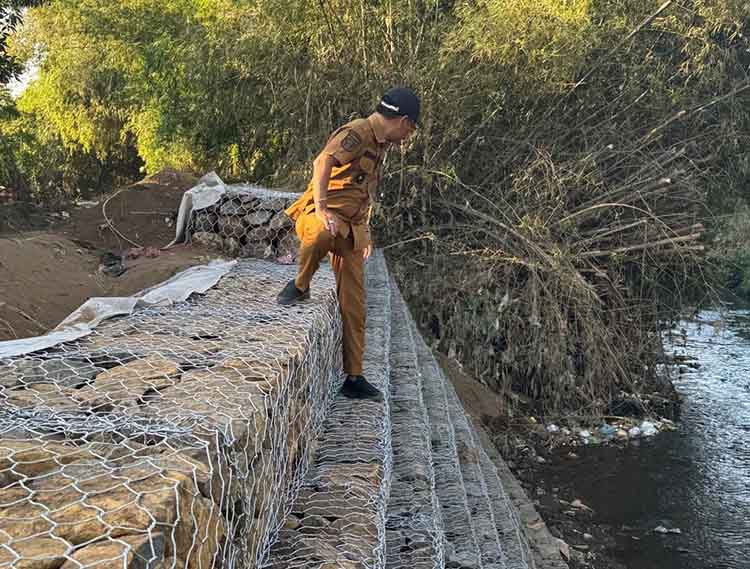 KOKOH: Kepala Desa Dringu melihat langsung hasil pembangunan bronjong di Desa Dringu, Kecamatan Dringu, Kabupaten Probolinggo.