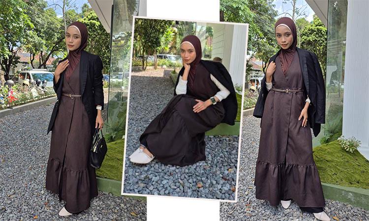 TAK SEKEDAR GELAP: Fika Zubaydi tampil memikat dengan gaya dark feminin. Ia memadukan inner warna cerah dengan outer gelap berwarna coklat.