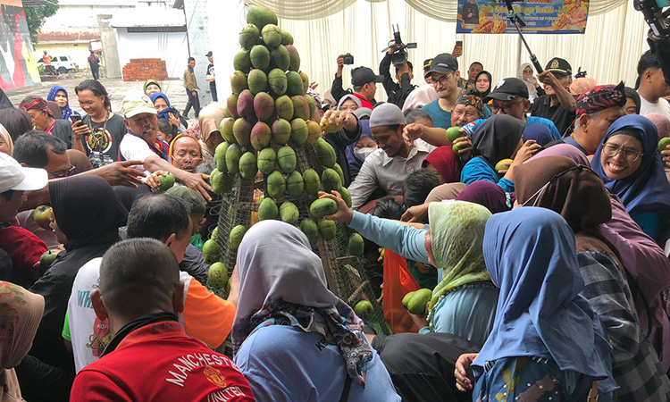 BEREBUT: Warga Kota Probolinggo saat berebut gunungan mangga di halaman GOR A Yani. (Inneke Agustin/ Radar Bromo)
