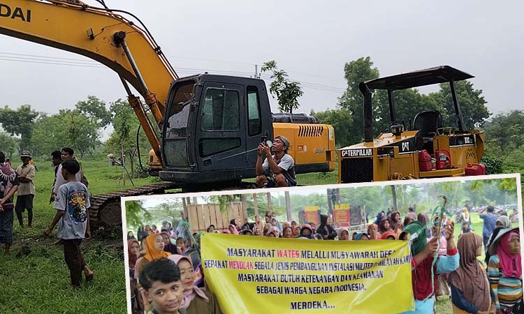 DUDUKI: Alat berat yang digunakan untuk pembangunan sekolah militer TNI AL diduduki warga. Inset warga saat menggelar aksi.