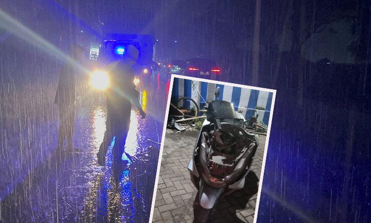 OLAH TKP: Polisi saat melakukan olah TKP di lokasi kejadian. Inset kondisi motor korban alami ringsek.
