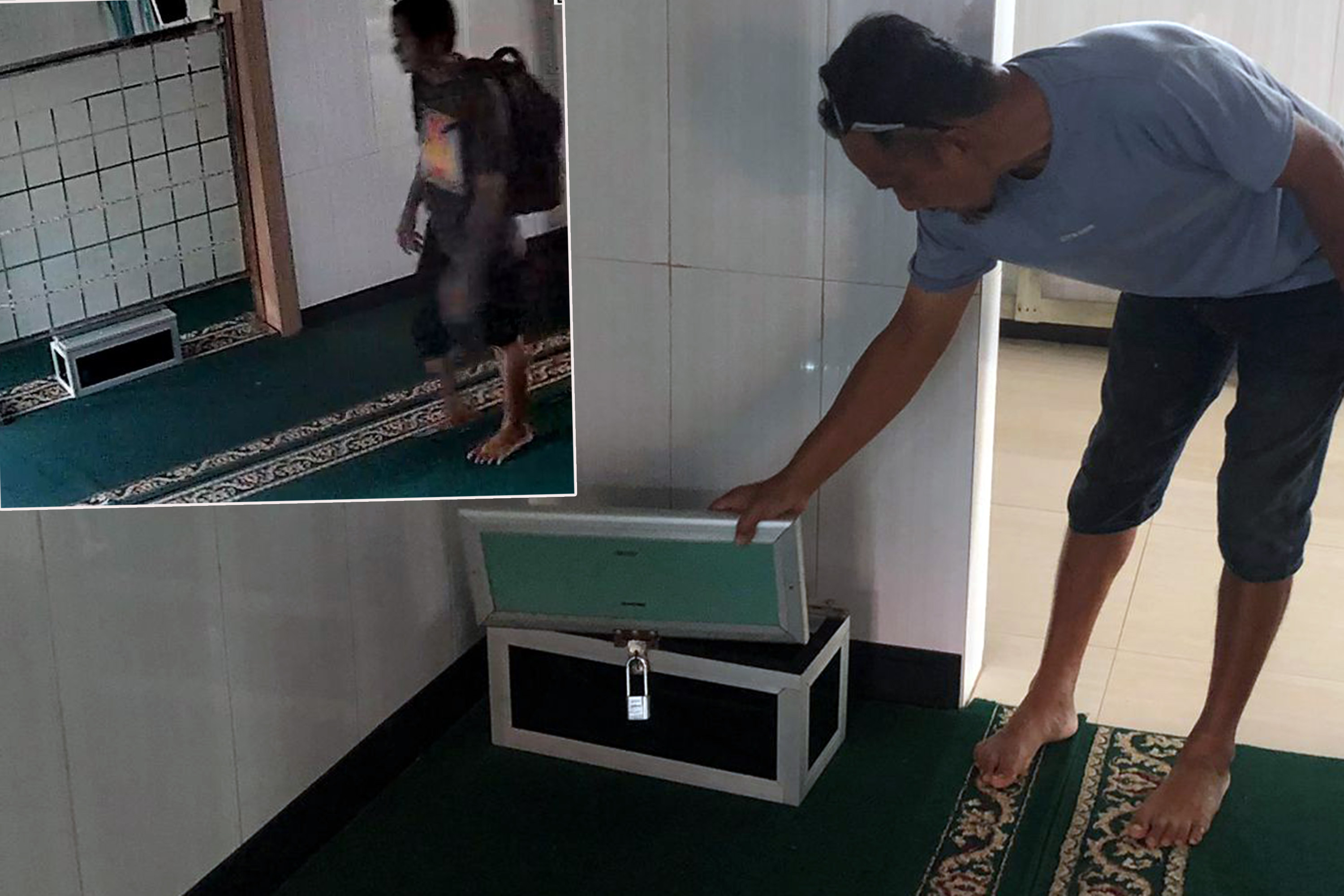 DIBOBOL: dan marbot Musala Ash-Sholihin, Imam Susanto menunjukkan kotak amal yang dibobol, Senin (24/11), Inset pelaku saat terekam CCTV.   di Musala Ash-Sholihin