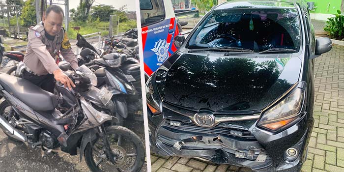 BARANG BUKTI: Kondisi mobil Agya dan motor Honda Supra X yang terlibat tabrakan di kawasan Tretes, Kelurahan/ Kecamatan Prigen, Kabupaten Pasuruan, (24/11).