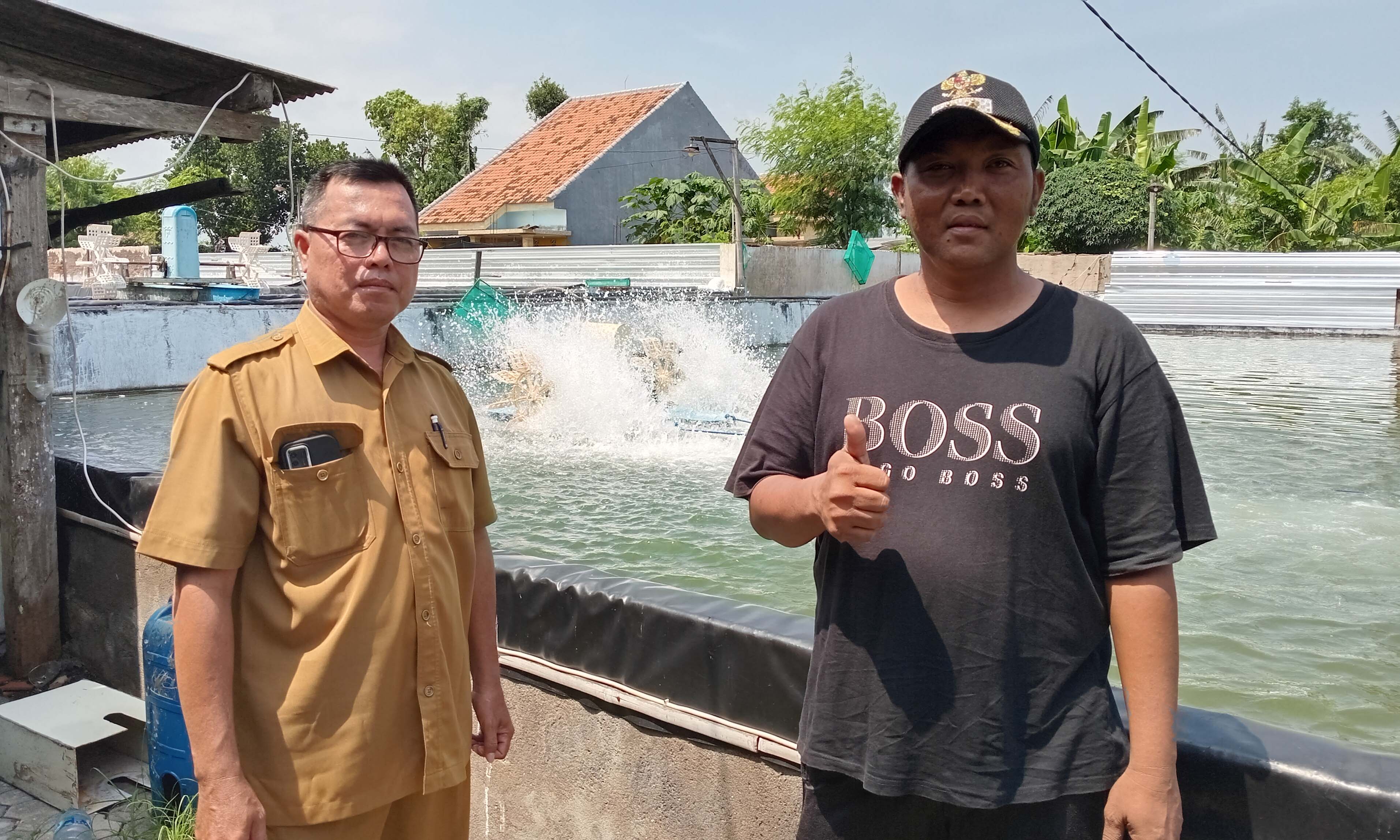 SUKSES: Kepala Desa Lemahkembar Hariyanto (bertopi) bersama Bendahara Desa Salam Cahyono memantau tambak udang vaname yang dikembangkan BUMDes Sri Rejeki di Dusun Bibis.