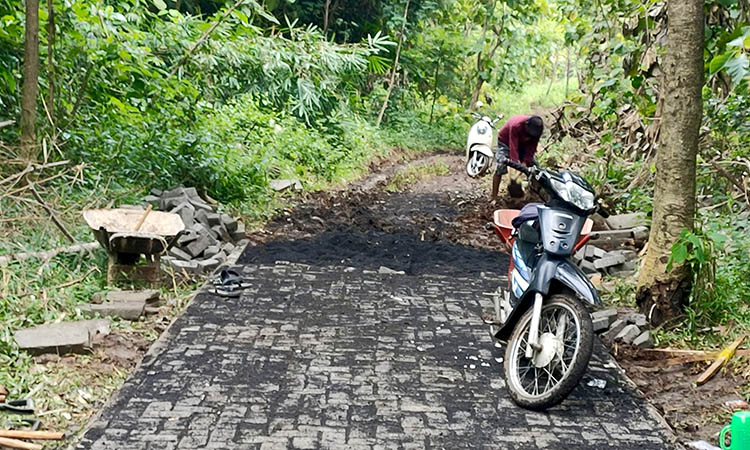 LEBIH NYAMAN: Pavingisasi jalan sepanjang di RT 14/RW 4, Dusun Satreyan Wetan rampung dilaksanakan.