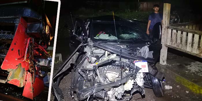 SAMA-SAMA RINGSEK: Kondisi Calya usai tertemper KA Probowangi di Rejoso. Inset kondisi lokomotif KA Probowangi yang juga alami kerusakan.
