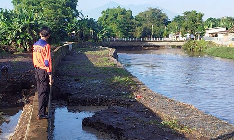 PANTAU: Petugas BPBD Kota Pasuruan saat memantau salah satu sungai di wilayah Kota Pasuruan. Pemantauan perlu dilakukan, untuk mewaspadai ancaman bencana.