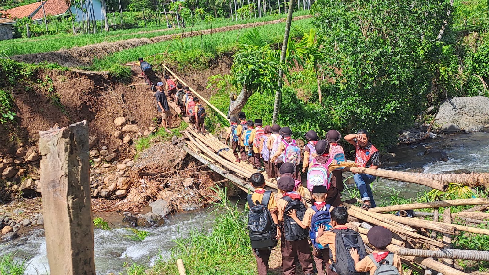 DEMI PENDIDIKAN: Sejumlah siswa di Desa Betek Taman, Kecamatan Gading, melintasi jembatan darurat yang dibangun warga lantaran jembatan sebelumnya tergerus banjir.