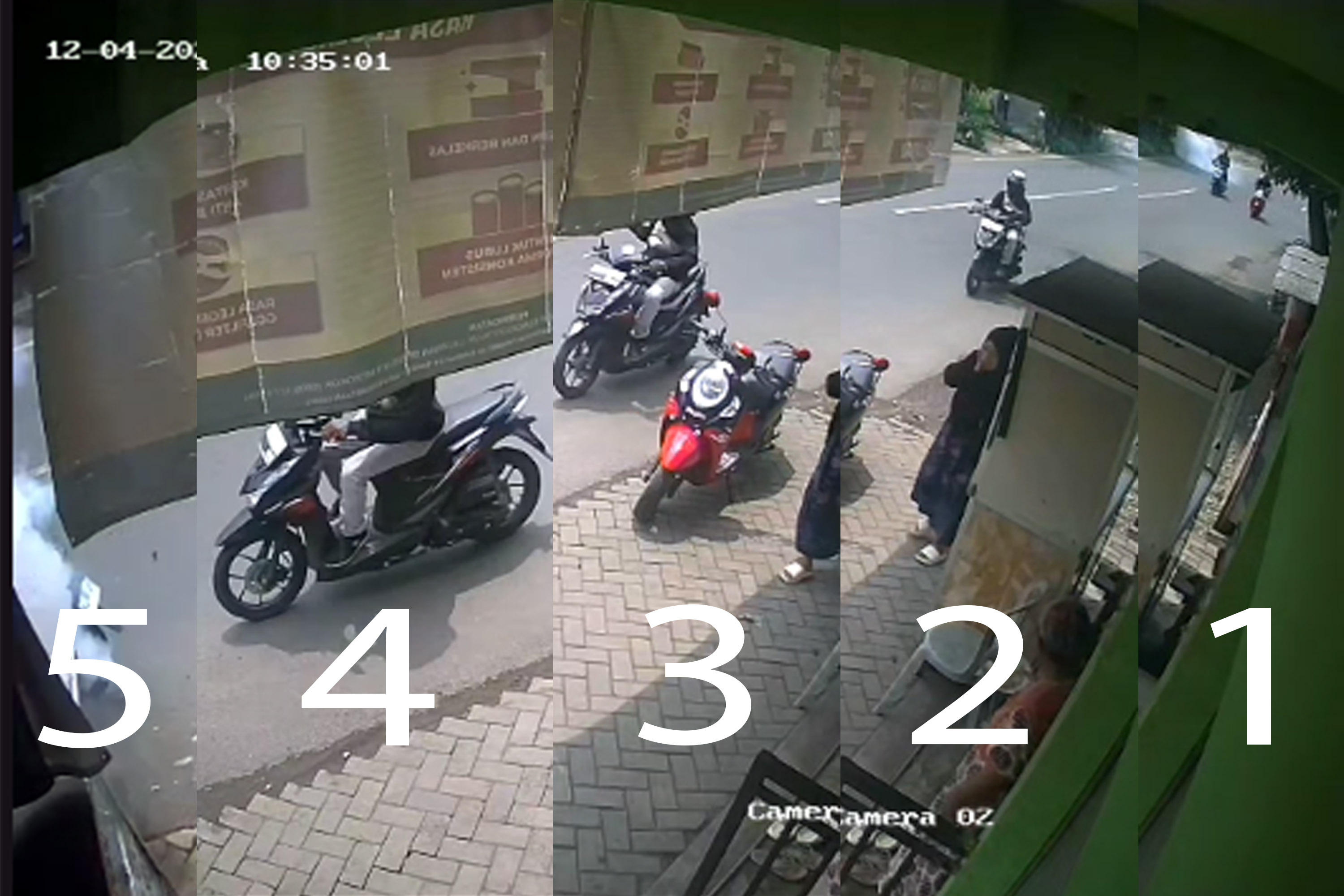 DARI KIRI KE KANAN: Pelaku saat melempar bondet kali pertama (1), sempat belok arah, pelaku kembali mendekati korban (2-4), pelaku melempar bondet kedua (5). (CCTV)