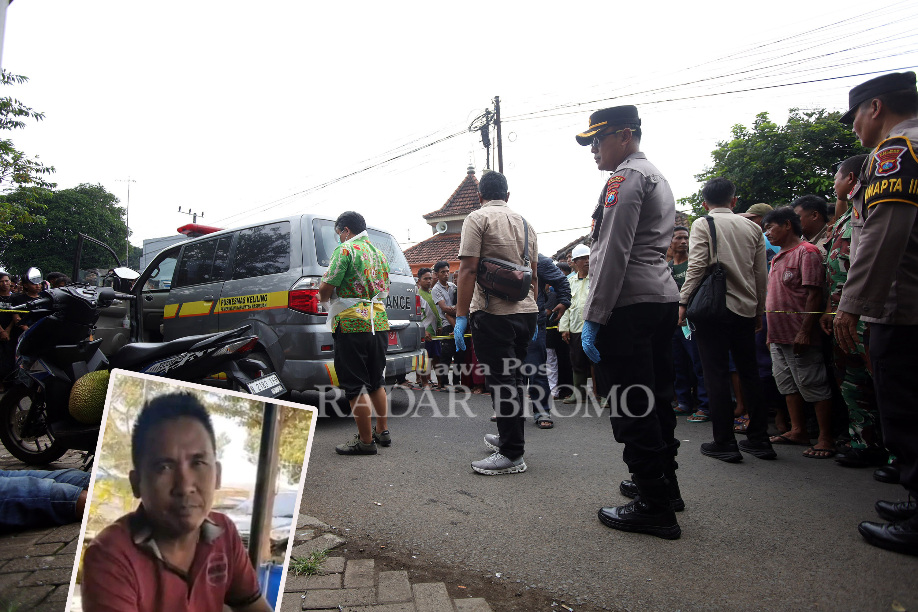 TRAGIS: Polisi saat melakukan olah TKP. Inset korban semasa hidup.