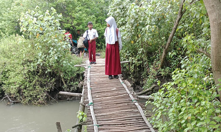 PERLU DIBANGUN: Sejumlah siswa di wilayah Kecamatan Pajarakan saat melintasi jembatan darurat yang dibangun oleh masyarakat menggunakan bambu.