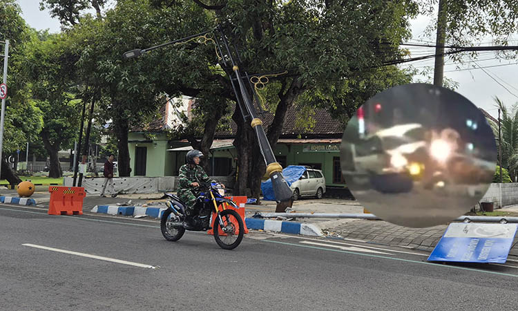 HARUS DIGANTI: Tiang rambu dan PJU di Jalan Pahlawan yang rusak setelah ditabrak mobil. Inset, Mobil yang menabrak tiang rambu dan tiang PJU. Inset, Mobil yang menabrak tiang rambu dan PJU.