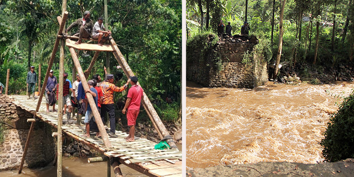 SEBELUM-SESUDAH: Kondisi jembatan di Dusun Kedaton yang tersapu banjir bandang (kanan), jembatan darurat yang sudah terpasang (kiri). (Dok. Radar Bromo)