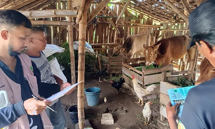 MONITORING: Petugas DPKP Kota Pasuruan saat melakukan monitoring ke kandang ternak warga.