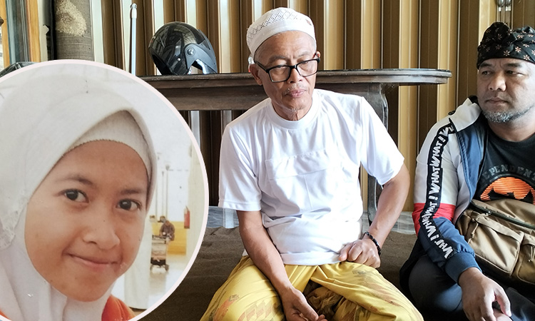 BERI KETERANGAN: Ayah korban H Ramlan (peci putih) saat memberi keterangan pada awak media. inset korban semasa hidup.