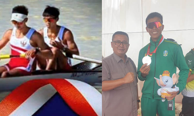 SEMANGAT: Ketua cabor Persatuan Olahraga Dayung Seluruh Indonesia (PODSI) Kota Probolinggo, Sugito Prasetyo bersama Aprianto saat berfoto bersama.