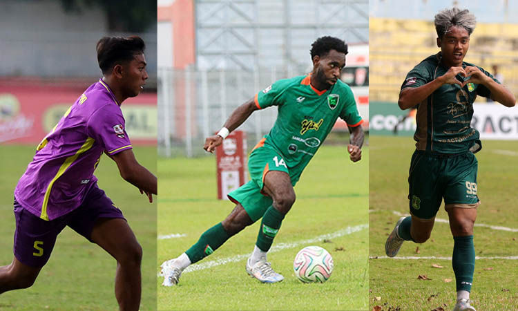 LANJUT 32 BESAR: Dari kiri-kanan M Irfan yang menjadi andalan di lini pertahanan Putra Jaya Kabupaten Pasuruan, gelandang serang Pasuruan United Noel Christian Huby dan striker Persekap Racksa Surya.