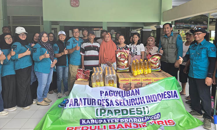 BANTUAN: Sejumlah pengurus PAPDESI Kabupaten Probolinggo saat menyalurkan bantuan ke masyarakat terdampak bencana di kecamatan Tiris.