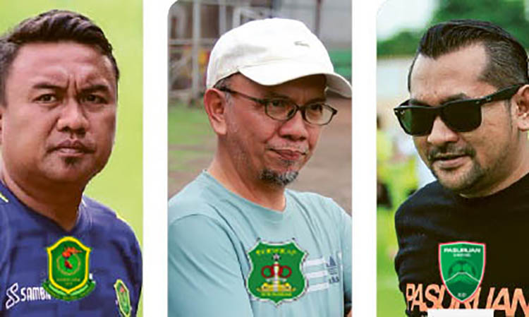 PENUH KEYAKINAN: Dari kiri Prima Adinoto, Manajer Putra Jaya Kabupaten Pasuruan, Suci Mardiko, Manajer Persekap Pasuruan dan Fitroh Mucharom, Manajer Pasuruan United.